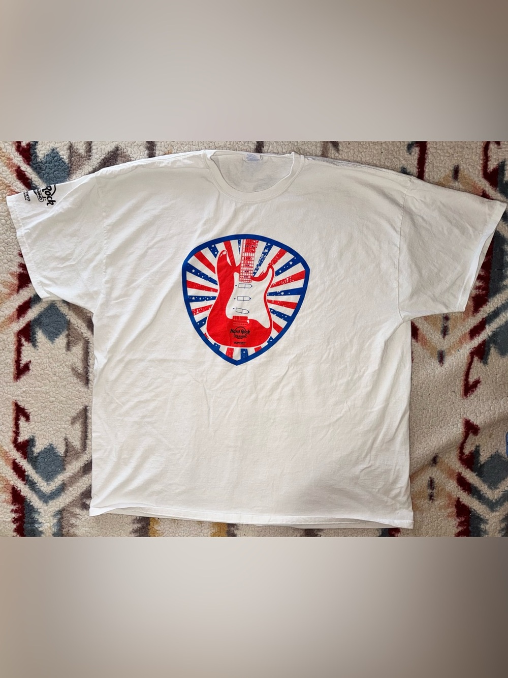 Hard Rock Cafe Sacramento White Tee with Red Guitar and Blue Shield Emblem